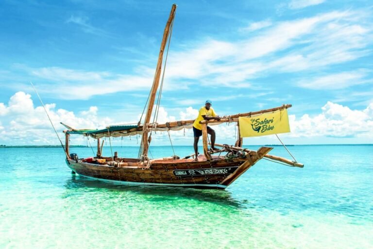 A traditional dhow under sail off the Zanzibar coast
